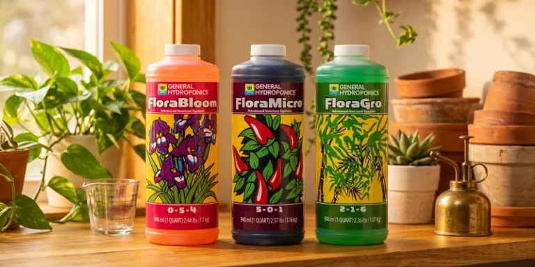 General Hydroponics Flora Series bottles on a wooden shelf in a plant corner