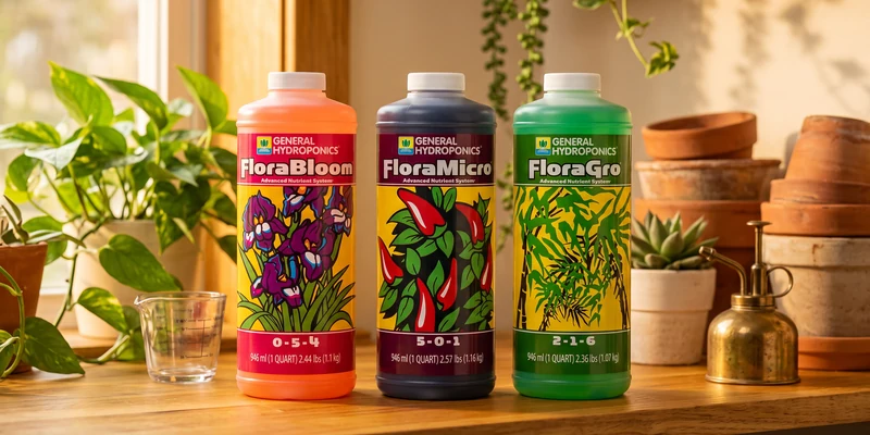 General Hydroponics Flora Series bottles on a wooden shelf in a plant corner