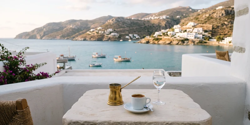 Greek coffee and a briki on a terrace above a sunlit bay