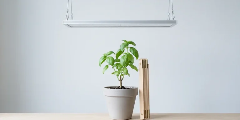 LED panel hanging above a young plant showing the vertical gap between them