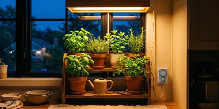Herb shelf glowing under a grow light at dusk with a timer in the socket