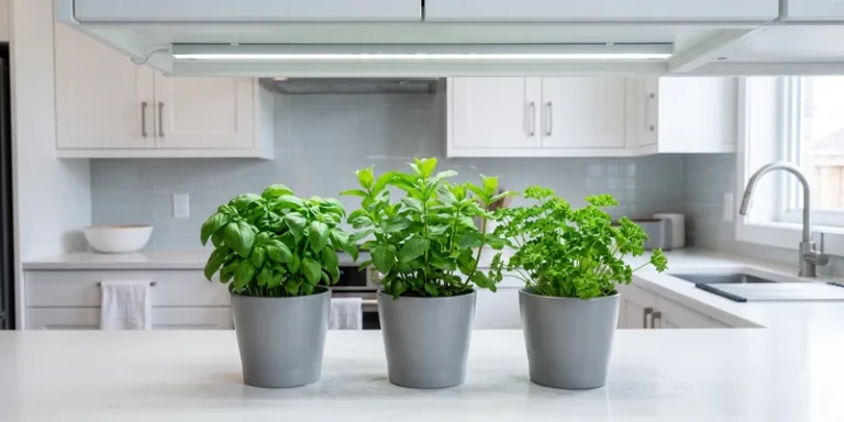 Potted herbs under an under cabinet LED strip in a modern kitchen