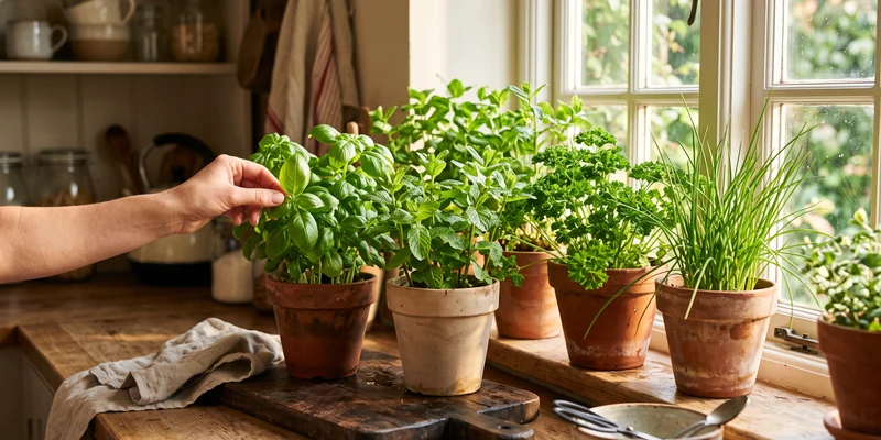 Herb pots on a sunny kitchen windowsill