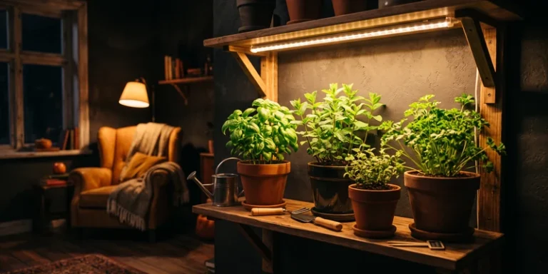 Herb shelf glowing under LED strips in a room without daylight