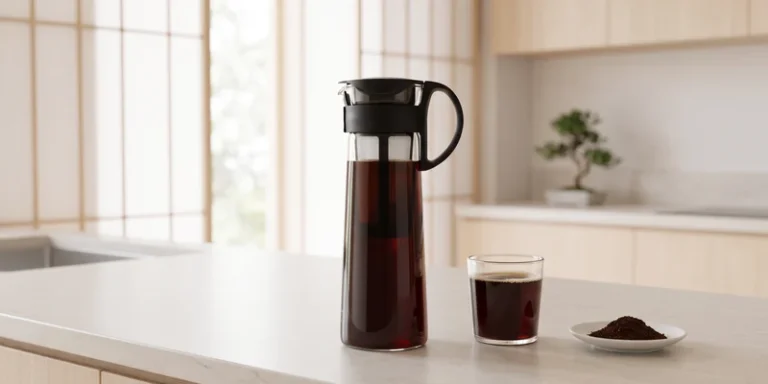 Glass cold brew bottle filled with coffee in a minimalist Japanese style kitchen