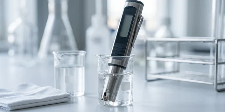 Pocket pH meter resting in a beaker of calibration buffer solution
