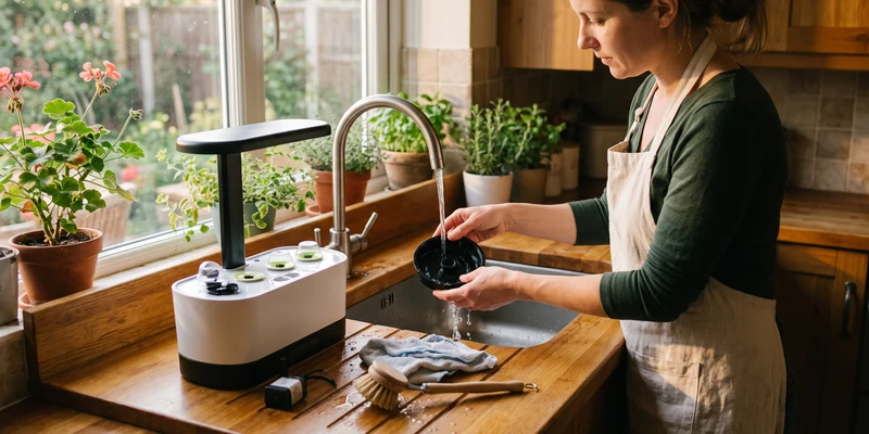 Hands cleaning parts of a countertop hydroponic garden at the kitchen sink