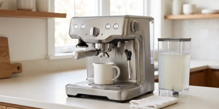 Espresso machine with its water tank removed and filled with descaling solution