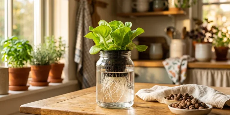 Lettuce growing in a glass jar with visible white roots in water