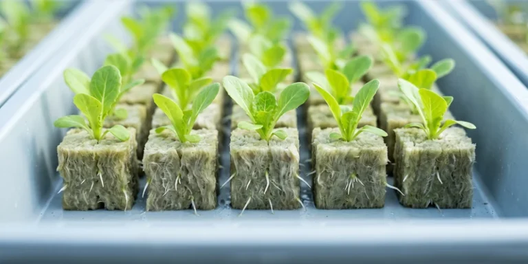 Tray of young lettuce seedlings in rockwool starter cubes