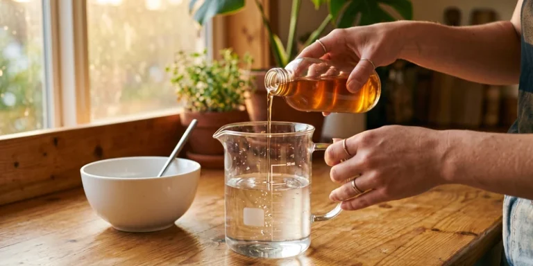 Hands pouring nutrient concentrate into a jug of water on a wooden counter