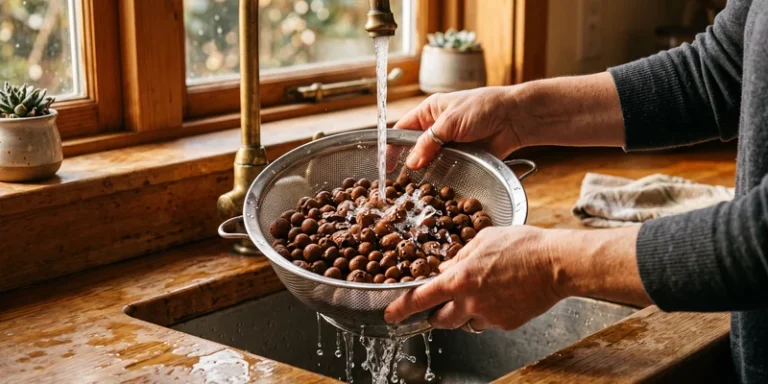 Hands rinsing clay pebbles in a colander at the kitchen sink