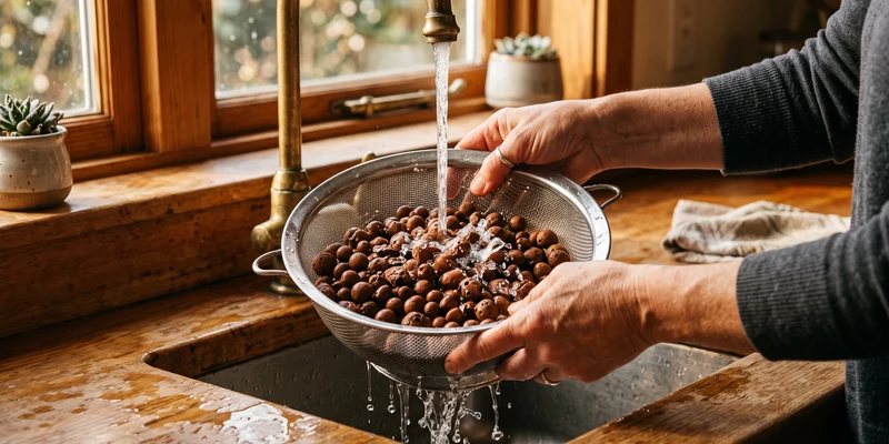 Hands rinsing clay pebbles in a colander at the kitchen sink