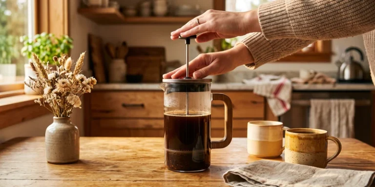 Hands pressing a French press on a warm breakfast table in morning sun
