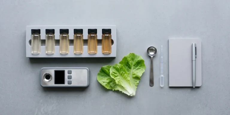 Row of vials with nutrient solution at different strengths beside lettuce leaves