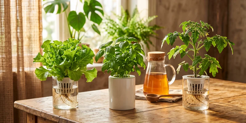 Lettuce, basil and tomato growing side by side with a jug of nutrient solution