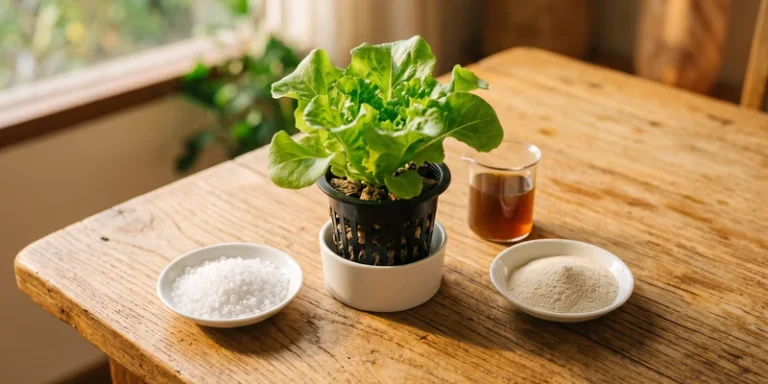 Lettuce plant surrounded by dishes of crystals, liquid and powder fertilizer