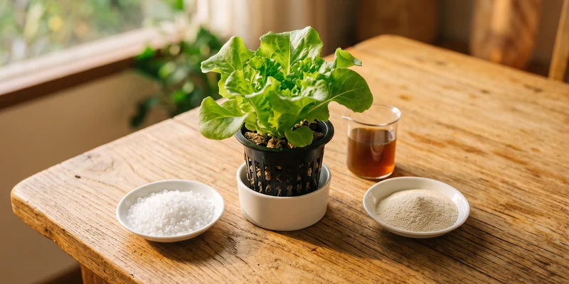 Lettuce plant surrounded by dishes of crystals, liquid and powder fertilizer