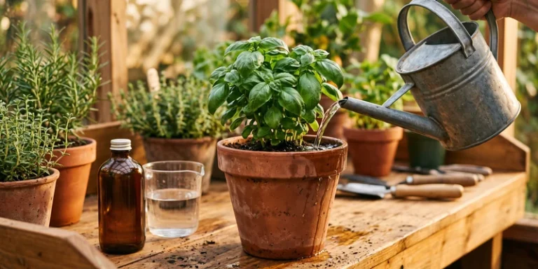 Watering can pouring into a potted herb with a nutrient bottle beside