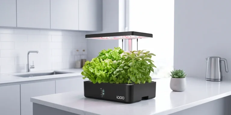 iDOO hydroponic growing system on a bright kitchen counter with lettuce and herbs