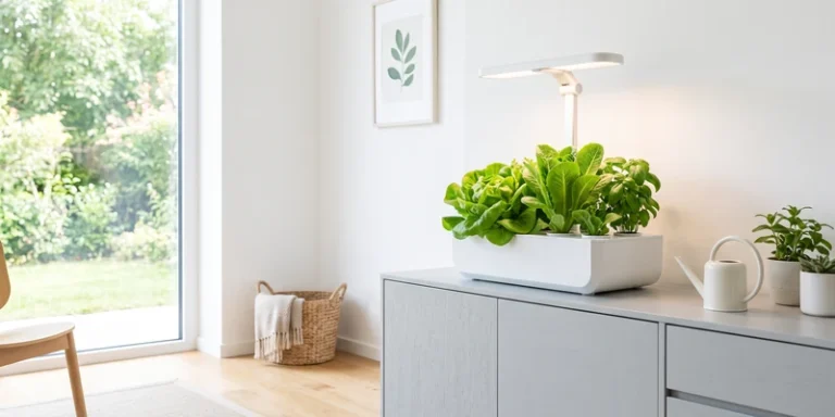 Indoor garden unit with adjustable LED lamp arm above lettuce