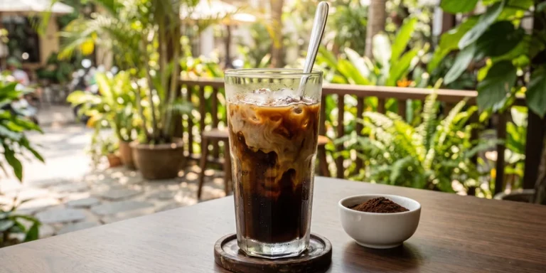 Tall glass of iced Vietnamese style coffee with condensed milk on a terrace