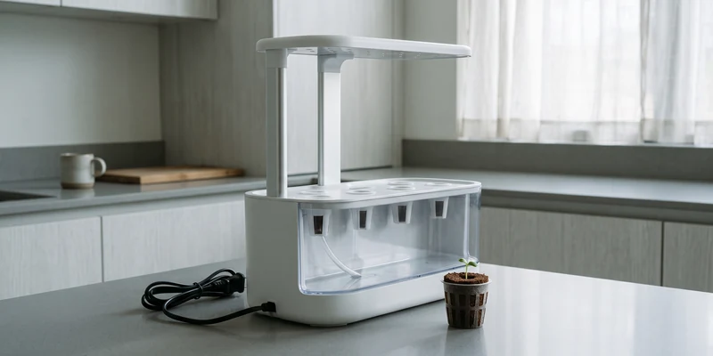 Unplugged countertop hydroponic garden with a single new seed pod beside it