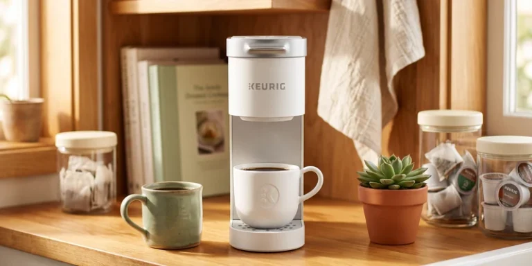Slim pod coffee maker on a warm wooden shelf in a cozy apartment kitchen