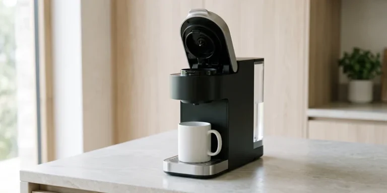 Pod coffee machine with its lid open and an empty mug on the drip tray