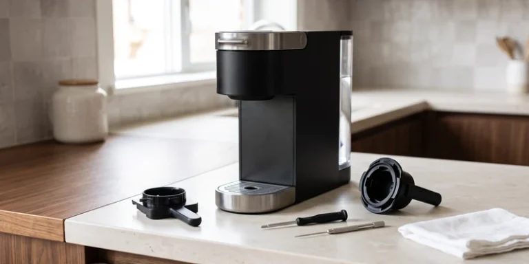 Pod coffee machine with its pod holder removed beside small repair tools
