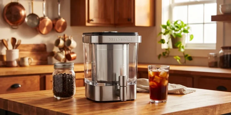 Cold brew coffee maker on a butcher block counter in a farmhouse kitchen