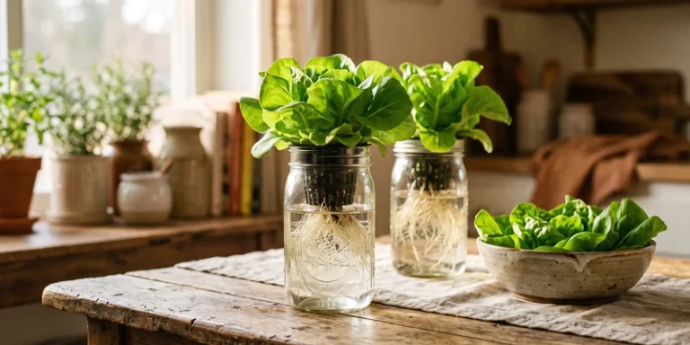 Butterhead lettuce growing in mason jars on a wooden table