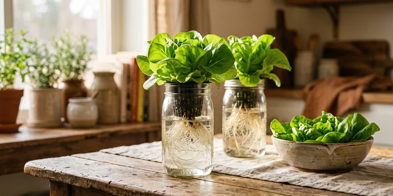 Butterhead lettuce growing in mason jars on a wooden table