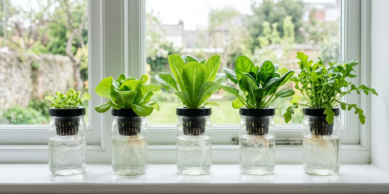 Row of Kratky mason jars with leafy greens on a bright windowsill