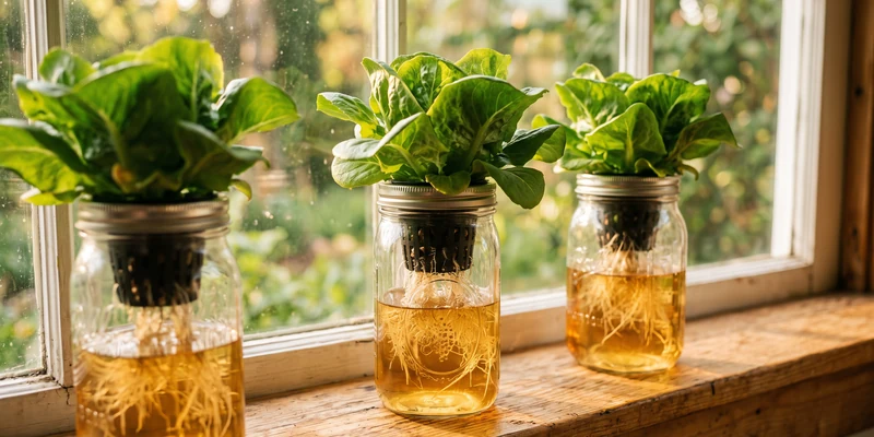 Mason jars with lettuce on a sunny windowsill