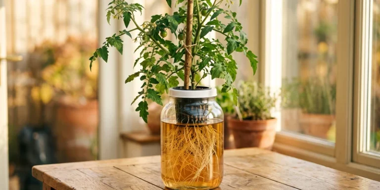 Young tomato plant growing from a large Kratky jar with visible roots