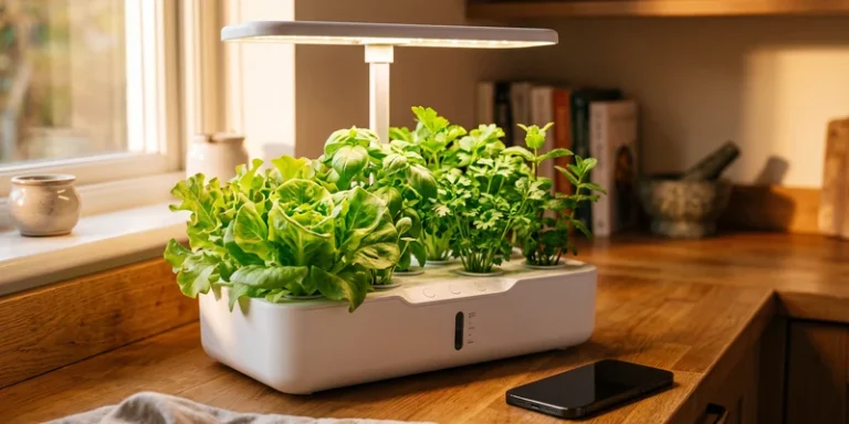 App controlled countertop hydroponic garden with lettuce on a kitchen counter