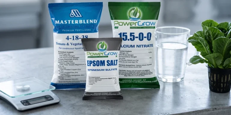 MasterBlend fertilizer kit beside a jug of water and a lettuce plant