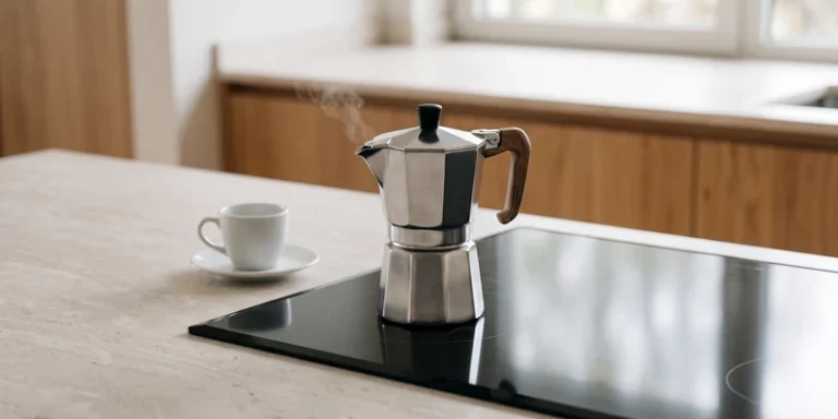 Stainless steel moka pot on a black induction hob with an espresso cup