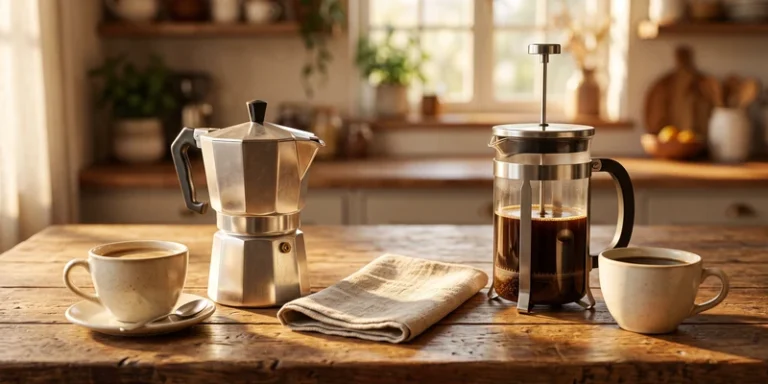 Moka pot and French press side by side on a rustic wooden kitchen table