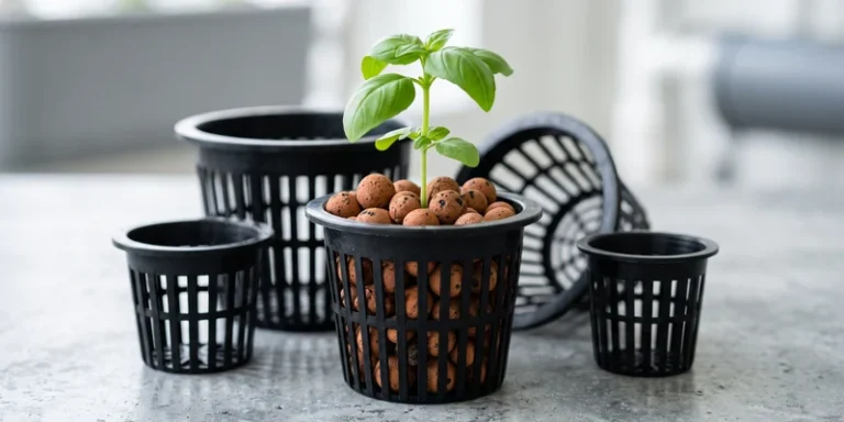 Mesh net pots of different sizes with clay pebbles and a seedling