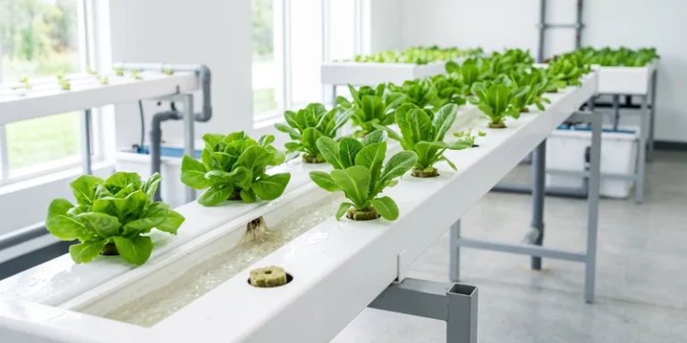 NFT channel with rows of lettuce growing in a bright room