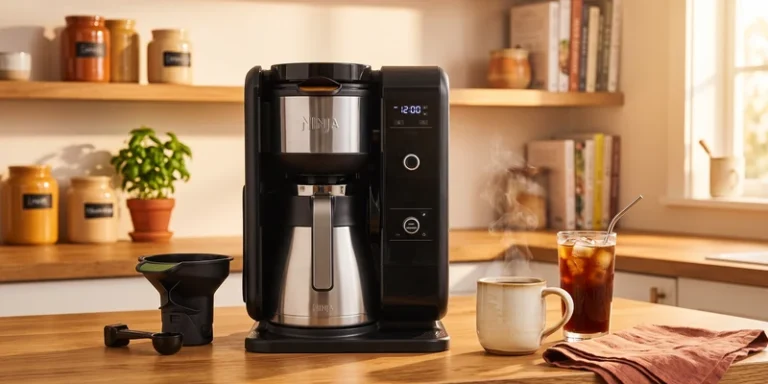 Coffee brewing machine on a warm oak counter with hot and iced coffee