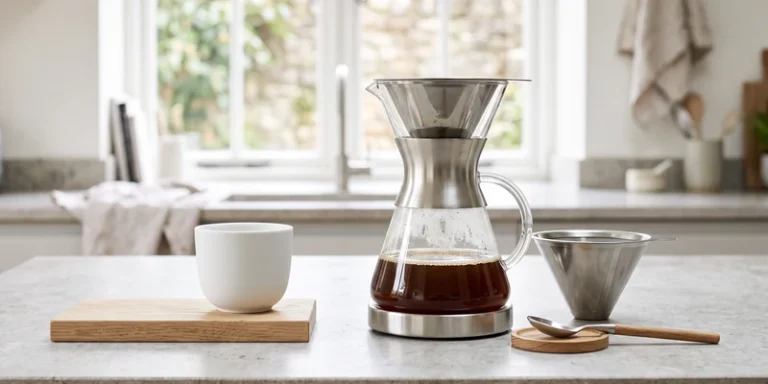 Glass and stainless steel coffee brewer with a porcelain cup