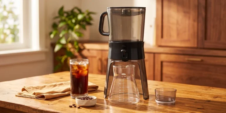Cold brew coffee maker on a rustic wooden table with a glass of iced coffee
