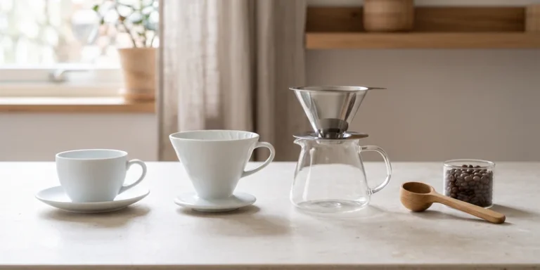 Plastic free brewing set of glass carafe, steel filter cone and porcelain dripper