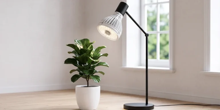 SANSI LED grow light bulb in a desk lamp above a fiddle leaf fig