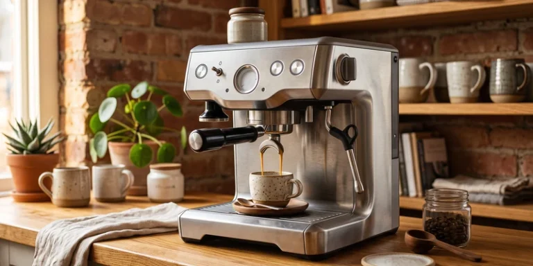 Espresso machine pouring a shot in a cozy home coffee corner with brick wall