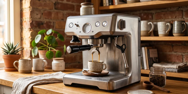 Espresso machine pulling a shot in a home coffee corner