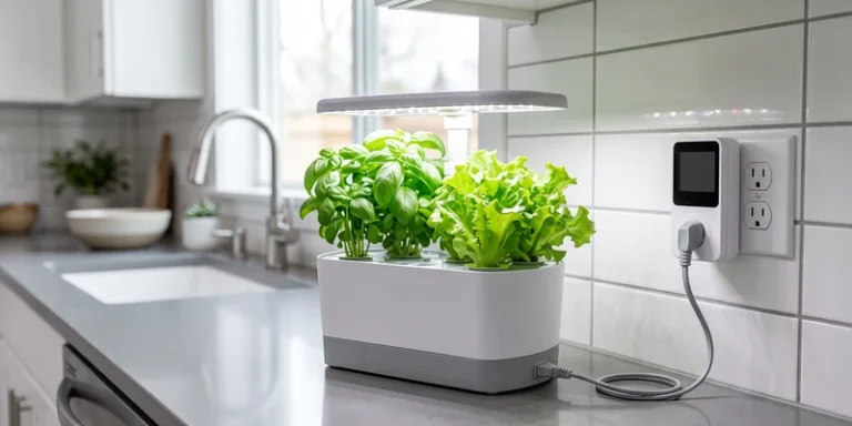 Countertop hydroponic garden with an energy monitor in the wall socket